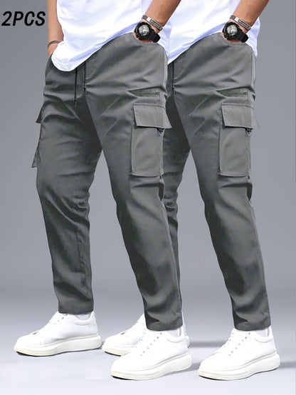2pcs Men's Heavy-Duty Pants with Multi- Cargo Pants - Solid Color - Outdoor Pants, Belt Loops & Drawstring Waist, Machine Washable for,, Casual Wear (Regular Fit)
