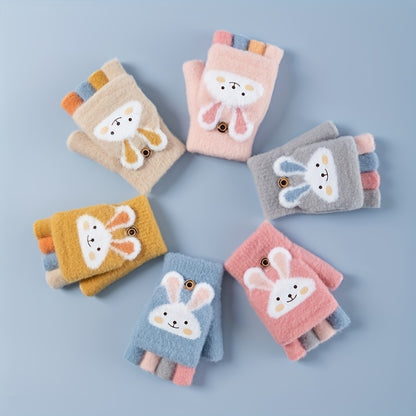 A Pair of Gloves, Thick Half-Finger Knitted Cartoon Warm Flip Gloves for Girls in Winter