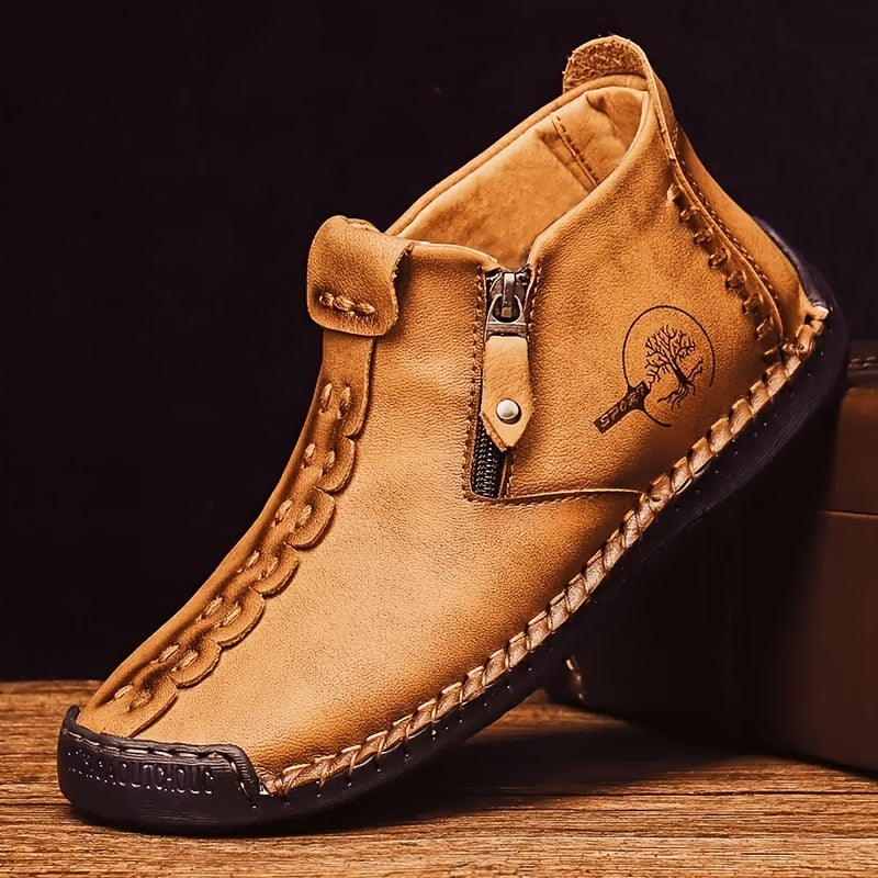 GEAINO Men's PU Boots/Vintage Style, Round Toe/Rubber Sole, Faux Upper and Inner/Zippered Short