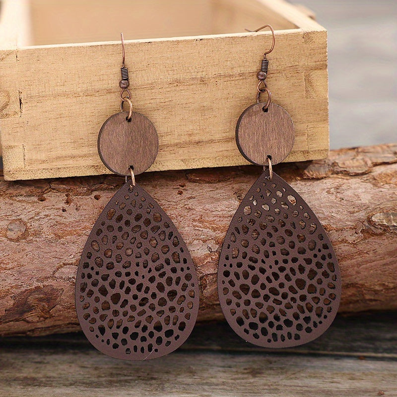 Vintage Style Hollow-Out PU Leather Drop Earrings, Iron Post, Non-Feather, for Daily Wear & Gifting, Versatile Jewelry | Vintage Earrings | Iron Ear Hooks, Novelty Earrings
