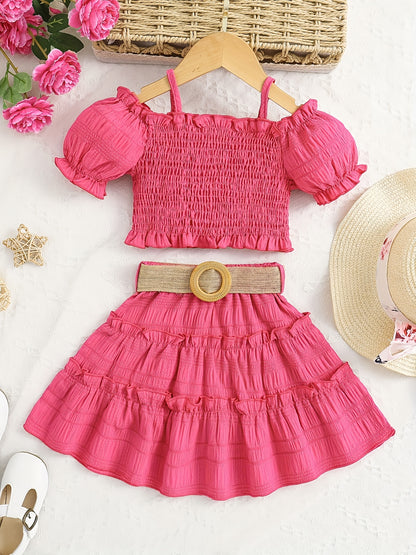 [Off-Shoulder Top Skirt Set] Summer Solid Color Off-Shoulder Lantern Sleeve Top and Knee-Length Skirt with Belt Set for Girls, Perfect for Outdoor Activities, Casual Attire, Playful Style