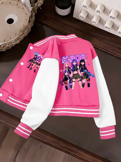 Girls' K-Pop Style Printed Baseball Jacket, Comfortable Everyday Schoolwear, Valentine's Day Pre-Heat Item