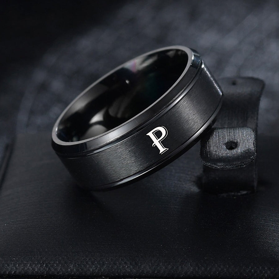 1pc European and American Fashion Versatile 26 English Letters Double Beveled Frosted Two-Line Men's Stainless Steel Ring (B81)