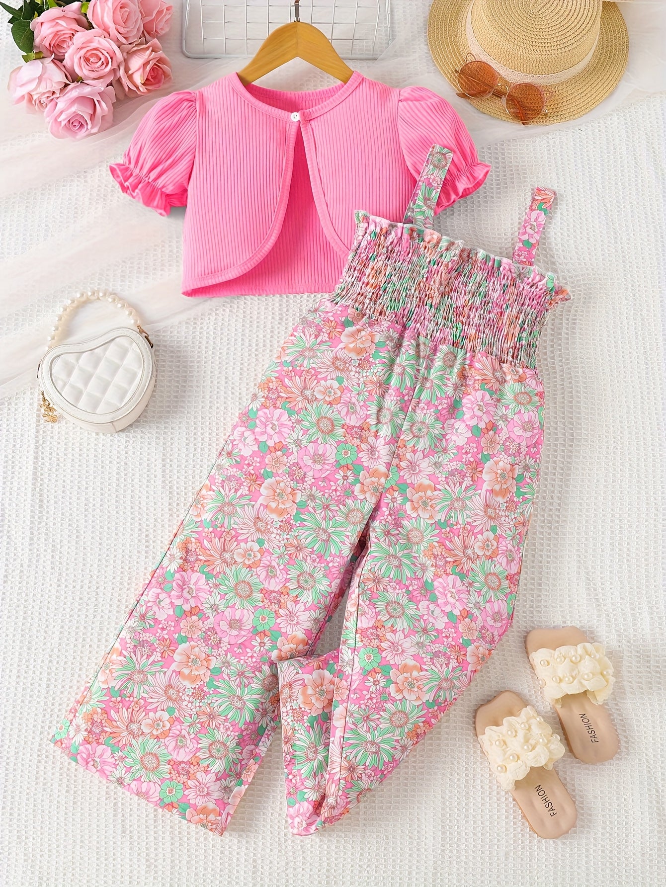 Suit Summer Floral Print Pleated Suspender Jumpsuit Plus Cardigan Jacket Two-Piece Set