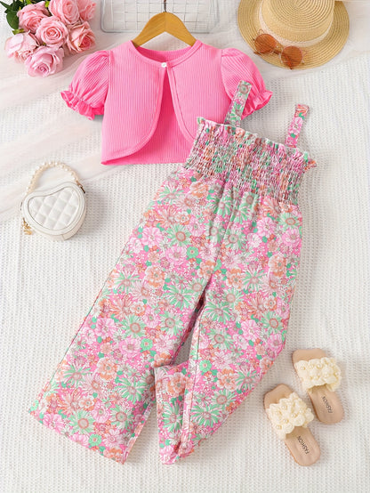Suit Summer Floral Print Pleated Suspender Jumpsuit Plus Cardigan Jacket Two-Piece Set