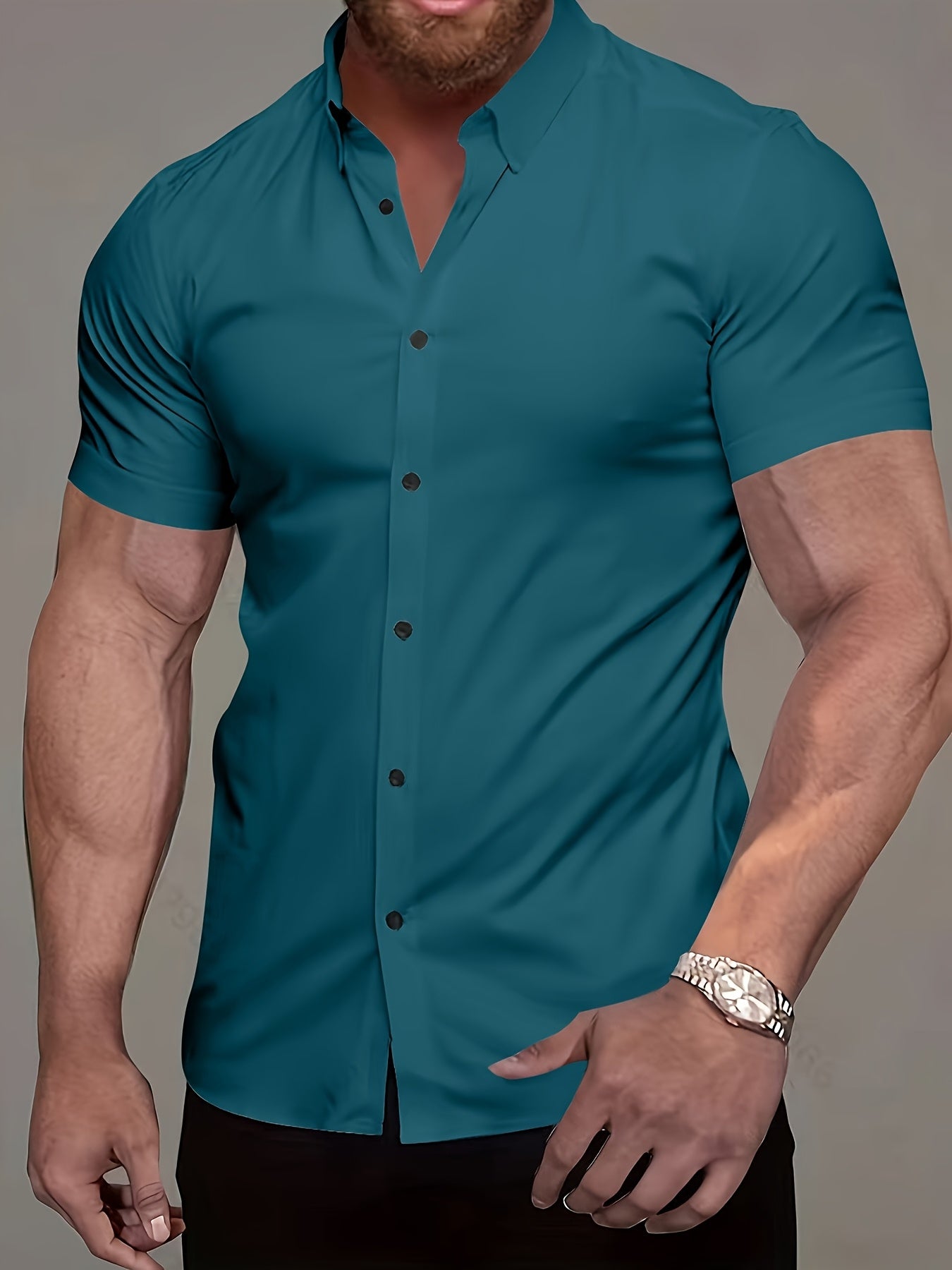 Muscle Man Fitness Short Sleeve Lapel Shirt | Non-Stretch, Solid Color, Button Detail, Summer Business Casual Non-Iron Shirt