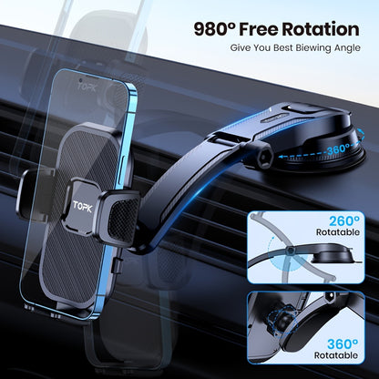 [TOPK D38-C Car Mount] TOPK D38-C Car Phone Holder Mount | Enhanced Adjustable Cell Phone Holder for Car Dashboard | Works with All Phones in Both Horizontal And Vertical Positions