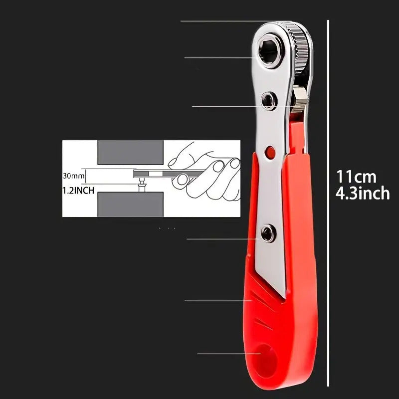 A Red Ratchet Screwdriver with a Narrow Space Ratchet Handle, Allowing for Forward And Backward Operation in Five Different Positions. It Features an Elbow Right-Angle Design And Includes a Phillips Screwdriver Function. The Non-Slip Grip Makes It Suitabl