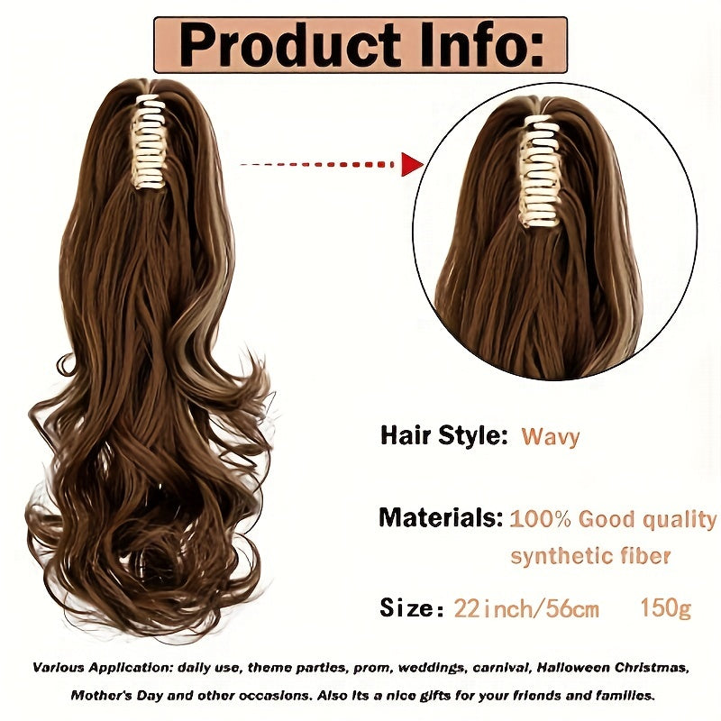 22-Inch Long Wavy Ponytail Hair Extensions - Ponytail - Synthetic Hair Piece for Women with Claw Clip, Adds Volume and Style, Perfect for Halloween and Christmas Celebrations