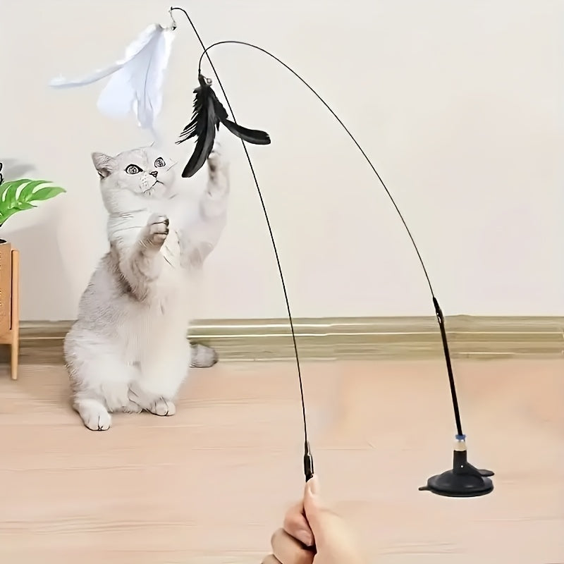 Playful Cat Accessory/Feathers, Artificial And Realistic Options/Sturdy Long Stick, Durable Wire/Suction Cup Base/Operates Without Batteries/Perfect for Small Dogs