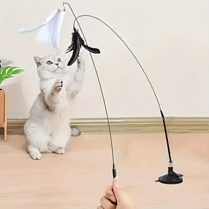 Playful Cat Accessory/Feathers, Artificial And Realistic Options/Sturdy Long Stick, Durable Wire/Suction Cup Base/Operates Without Batteries/Perfect for Small Dogs