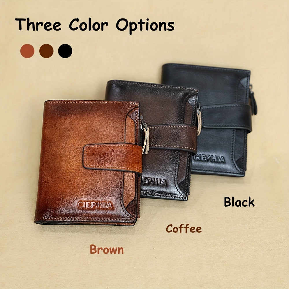 CIEPHIA Men's Vintage RFID Blocking Wallet - Genuine Leather -Theft Billfold with Zipper Coin Pocket, 14 Card Holder, 2 ID Window & SD/ SIM, 2 Driver ID Holder - Leather for Christmas Valentine's/Father's Day Gift for Men Set Includes a Greeting Card