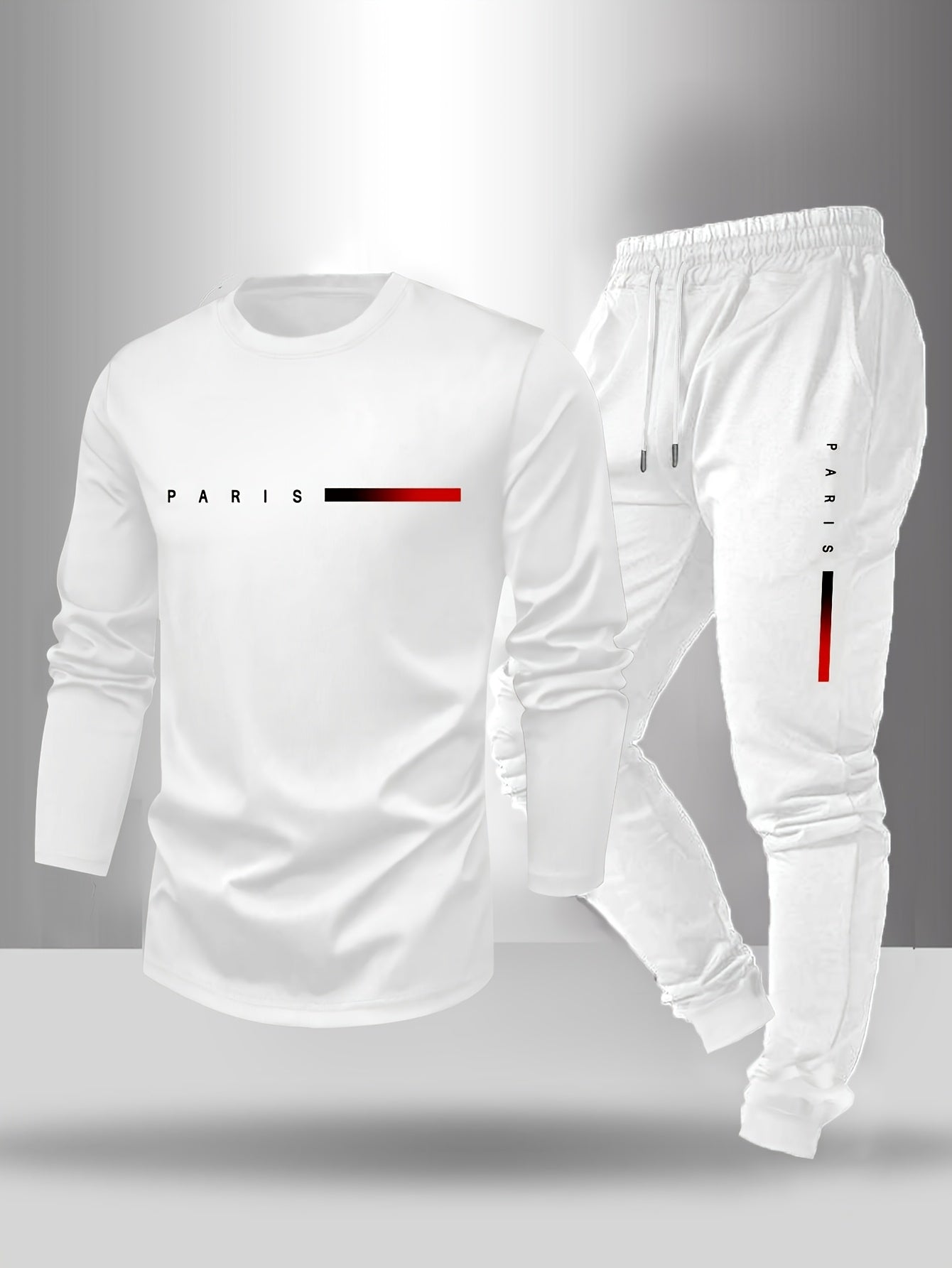Men's Long Sleeve T-Shirt and Pants Set, Spring/Autumn 2-Piece Set with Paris Letter Print Crew Neck Long Sleeve T-Shirt + Drawstring Outdoor Casual Sports Pants Set 2-Piece