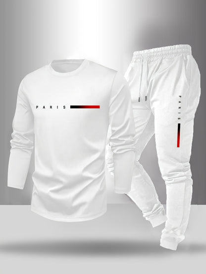 Men's Long Sleeve T-Shirt and Pants Set, Spring/Autumn 2-Piece Set with Paris Letter Print Crew Neck Long Sleeve T-Shirt + Drawstring Outdoor Casual Sports Pants Set 2-Piece