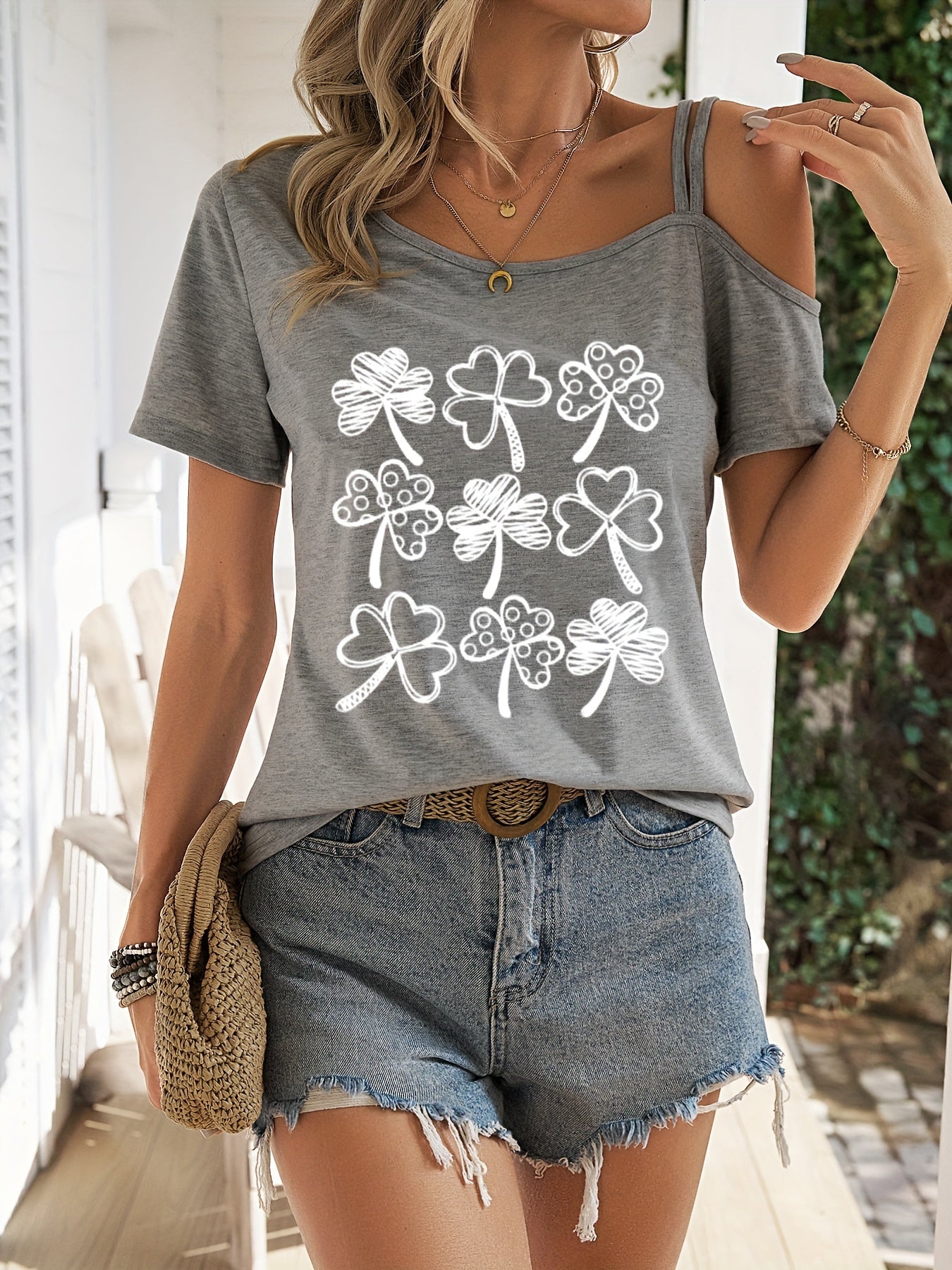 Heart Print One Shoulder T-shirt, Elegant Short Sleeve Top For Spring & Summer, Women's Clothing