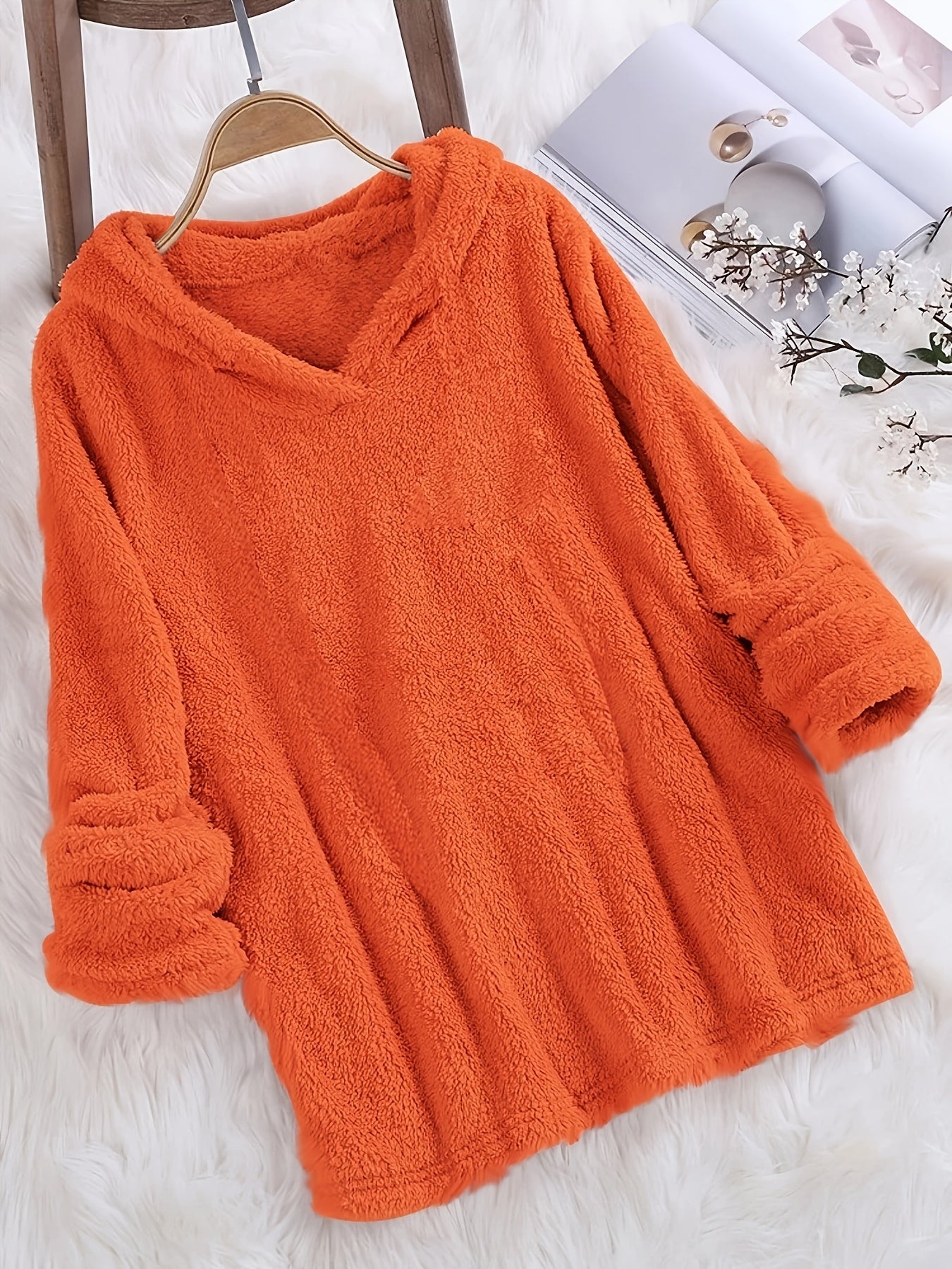 Fashion Women's Standard Size Fuzzy Pullover Solid Color Hoodie