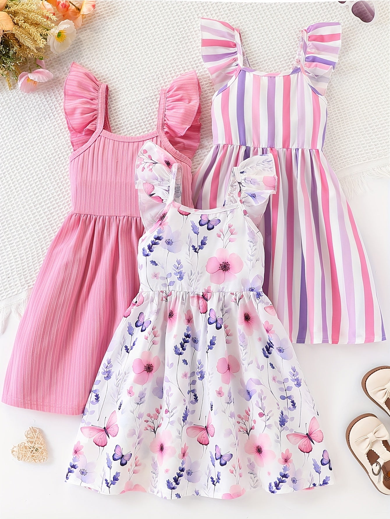 Young Girls' Summer 3pcs Set Simple Dress with Small Flutter Sleeves, Striped and Floral Print, Casual and Fashionable Dress, Suitable for Vacation, Leisure, and Outdoor Activities
