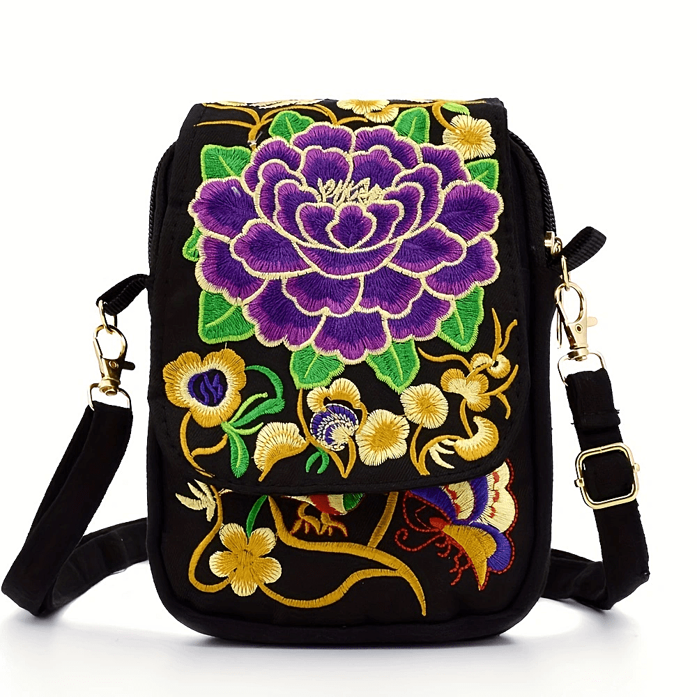 [Embroidered Crossbody Bag] Women's Embroidered Crossbody Bag - Mini Shoulder Bag - Portable Double-Layer Wallet - Phone Pouch