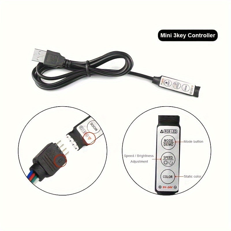 1roll RGB TV Background LED Strip Light Lamp 3 Keys Button Control Flexible Adhesive Tape Suitable For Game Room Halloween Christmas Decorations