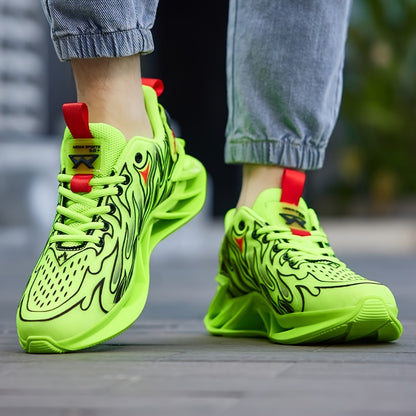 Men's Neon Green & Black Breathable Running Shoes - Shock-Absorbing TPU Sole, EVA Cushion, Lightweight Low-Top Sneakers with Striped Design for Gym, Jogging & Casual Wear, Sneakers, Sleek Sporty Design, Cushioned EVA Sole