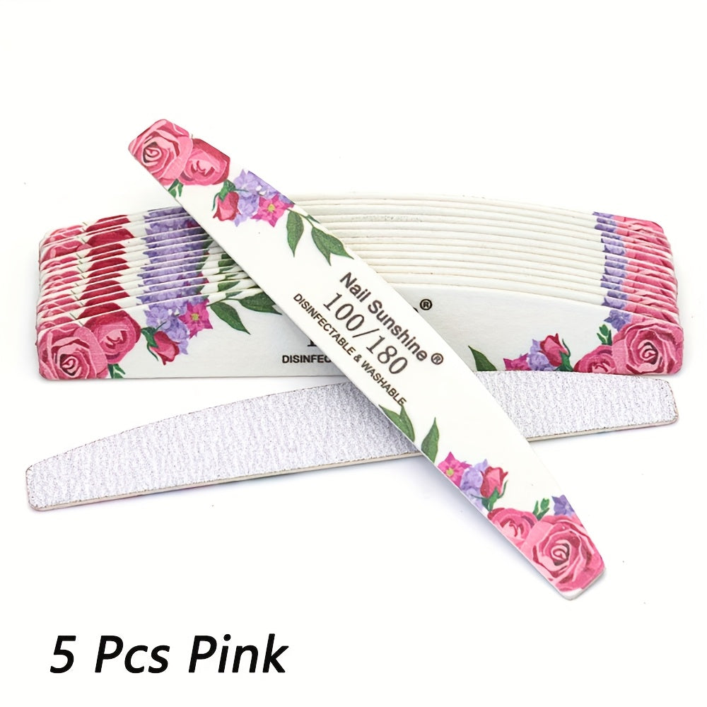 5/10pcs Purple Flower Wooden Nail Files 100/180 Grit Half Box Professional Washable Wear-Resistant Durable Sanding Strips Nail Polishing Tool Kit