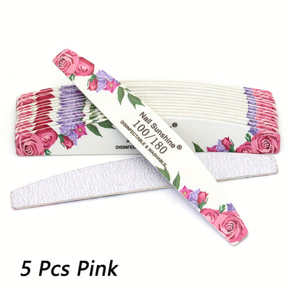 5/10pcs Purple Flower Wooden Nail Files 100/180 Grit Half Box Professional Washable Wear-Resistant Durable Sanding Strips Nail Polishing Tool Kit