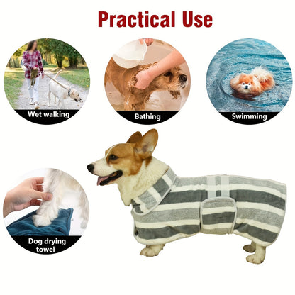 Quick-Drying Dog Bathrobe, Striped Towel Bathrobe, Super Absorbent Pet Robe with Adjustable Belly Strap Made of Ultra-Soft Fabric