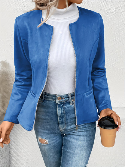 Solid Zip Up Jacket, Casual Long Sleeve Crew Neck Outerwear For Spring & Fall - Women's Clothing -  Lightweight & Comfortable - Suitable for Everyday Wear - Perfect Gift for Women