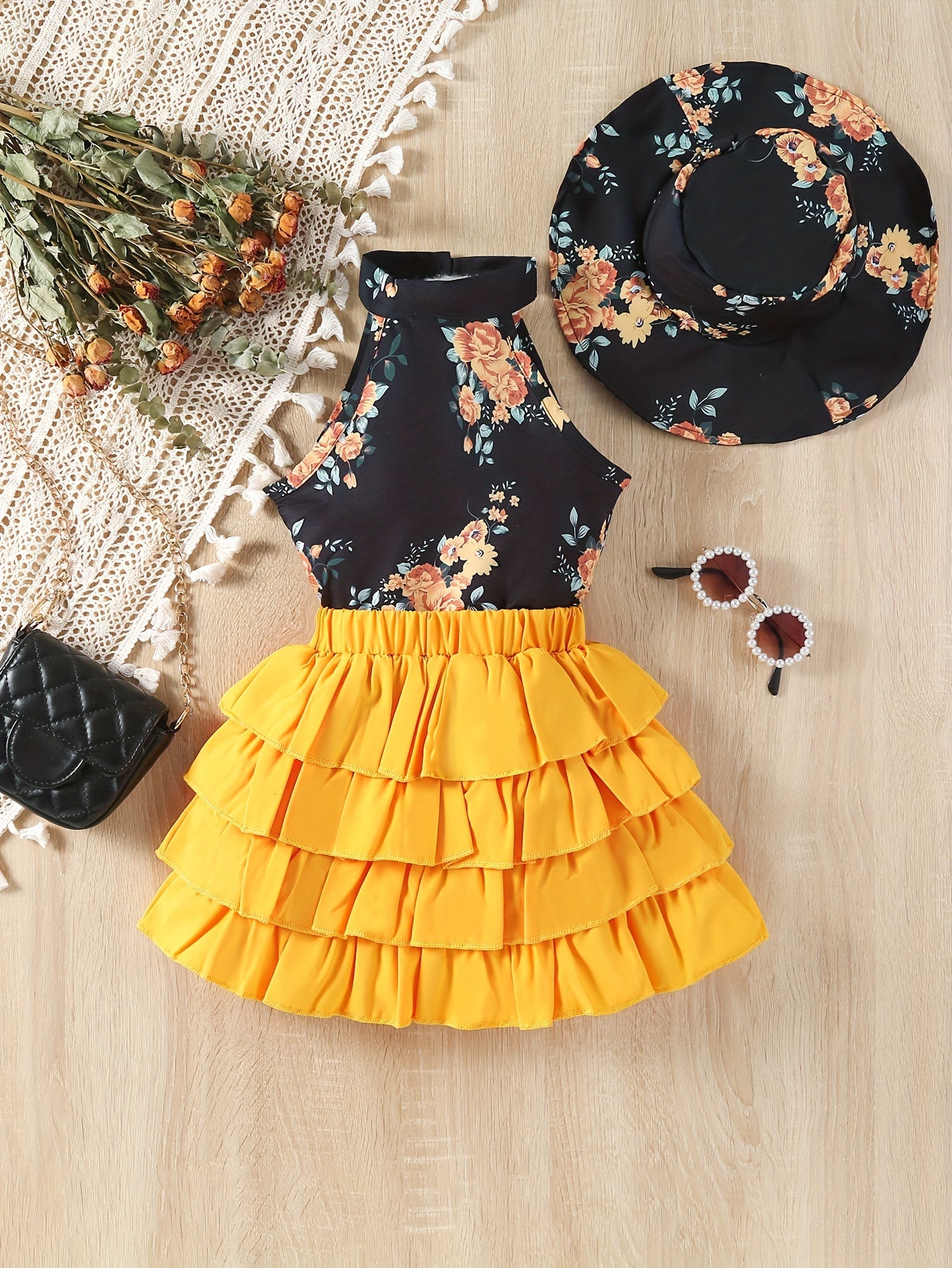 Toddler Girls Floral Galter Top & Layer Hem Skirt & Hat