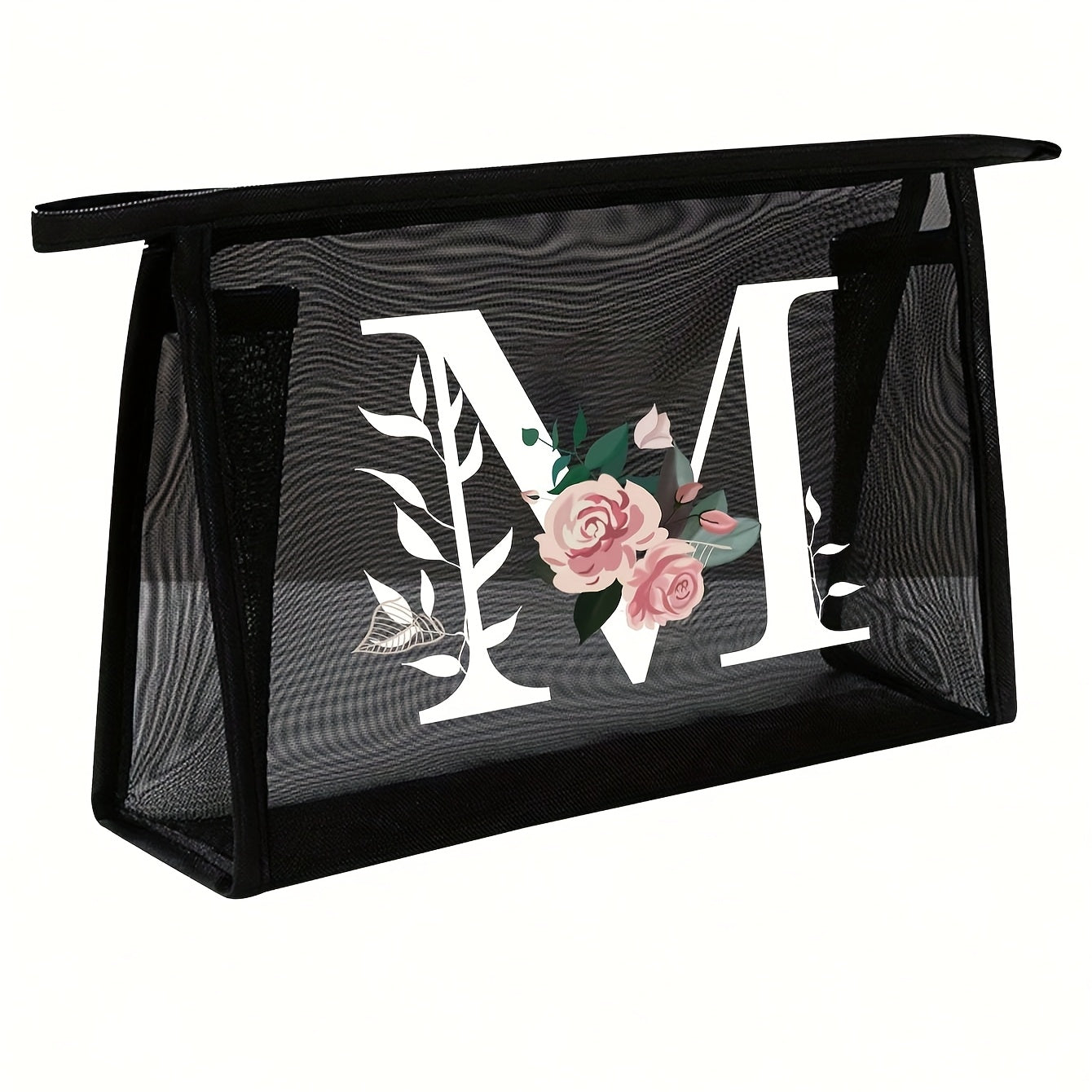 1pc Black Mesh Toiletries Storage Bag | Large Capacity Pink Flowers With White Letters A-Z, Transparent Mesh, Multi-Functional Travel Portable Bag, Lipstick Skin Care Storage, Easy And High-End, Jewelry Storage, Foldable And Lightweight