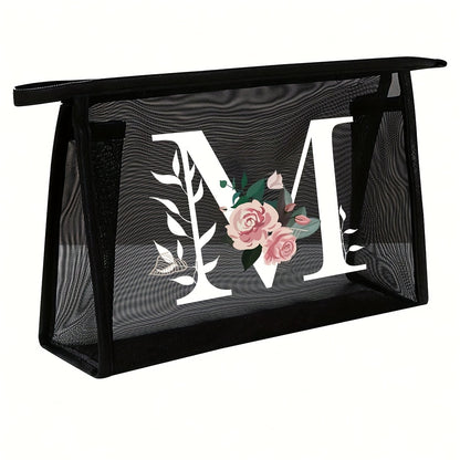 1pc Black Mesh Toiletries Storage Bag | Large Capacity Pink Flowers With White Letters A-Z, Transparent Mesh, Multi-Functional Travel Portable Bag, Lipstick Skin Care Storage, Easy And High-End, Jewelry Storage, Foldable And Lightweight