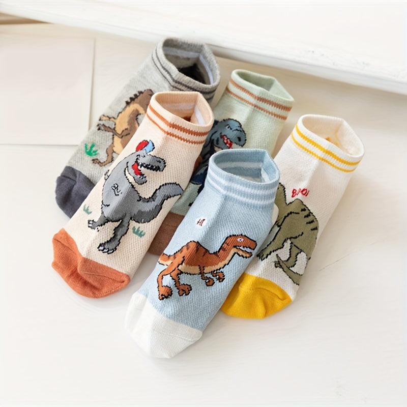 5 Pairs of Thin Breathable Socks with Cartoon Dinosaur Designs for Boys And Girls.