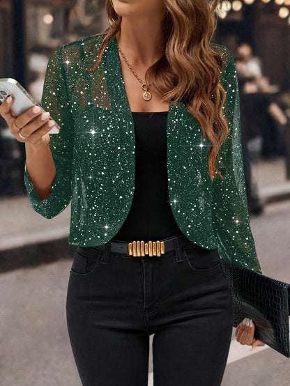 [Glitter Sequin Cardigan] Women's Glitter Sequin Cardigan Jacket, Golden Foil Pleated Fabric 3/4 Sleeve Short Cropped Blazer for Business Casual
