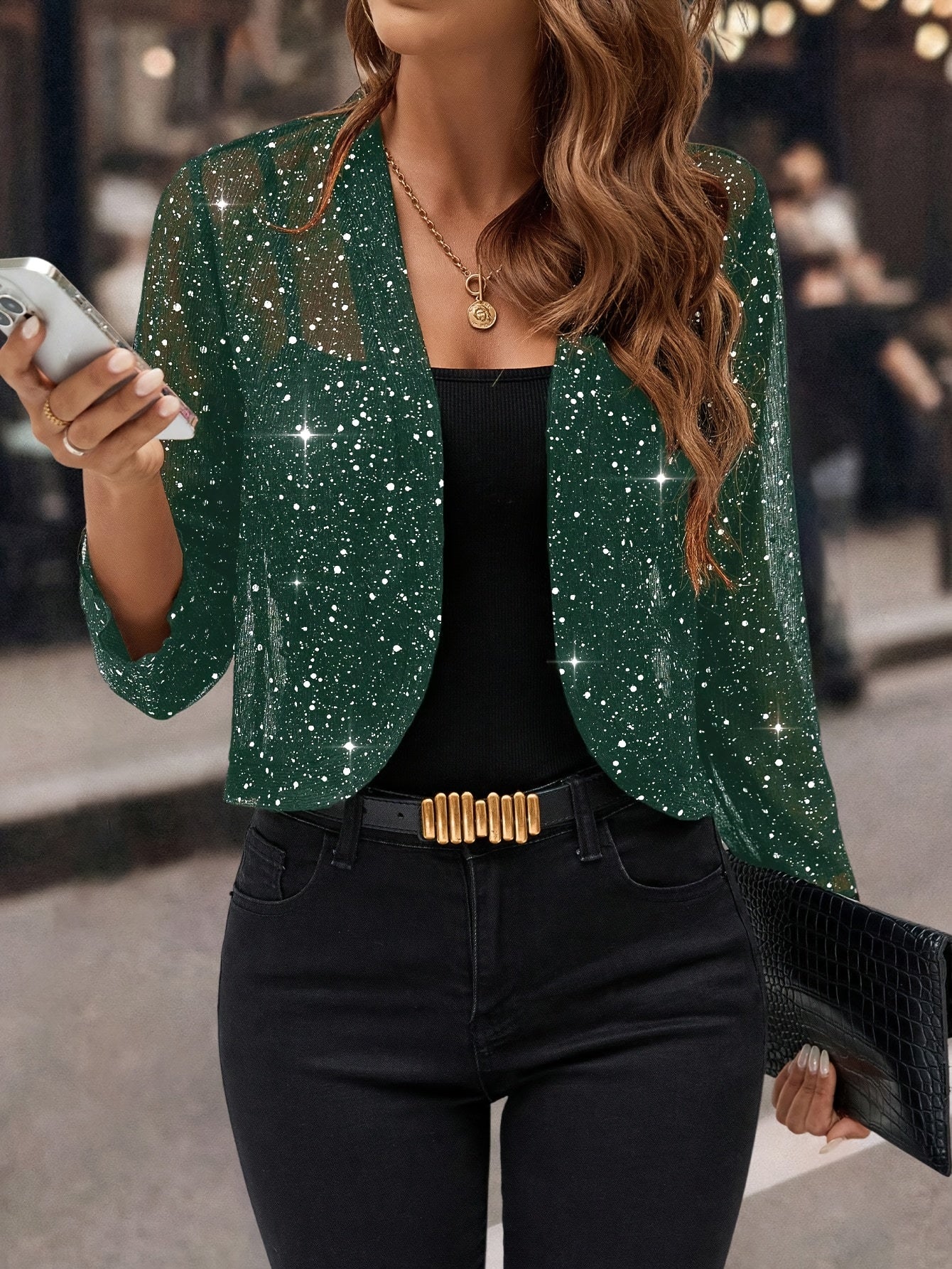 [Glitter Sequin Cardigan] Women's Glitter Sequin Cardigan Jacket, Golden Foil Pleated Fabric 3/4 Sleeve Short Cropped Blazer for Business Casual