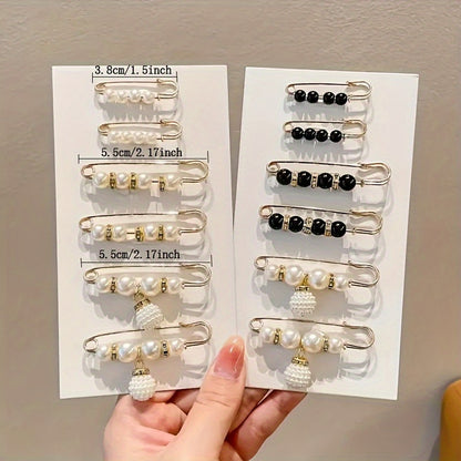 6-Piece Set of Exquisite Elegant Artificial Pearl Brooches - Versatile, Chic, and Timeless Black and White Accessories with Safety Pin Backing for Effortless Styling on Any Outfit, Occasion, or Season