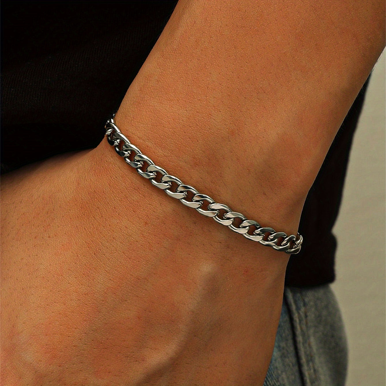 [Popular Chain Bracelet] 1pc Men's Stainless Steel Minimalist Silvery Chain Bracelet | Hip Hop Punk Style Fashionable Popular Jewelry Gift Party