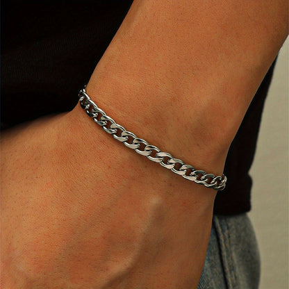 [Popular Chain Bracelet] 1pc Men's Stainless Steel Minimalist Silvery Chain Bracelet | Hip Hop Punk Style Fashionable Popular Jewelry Gift Party