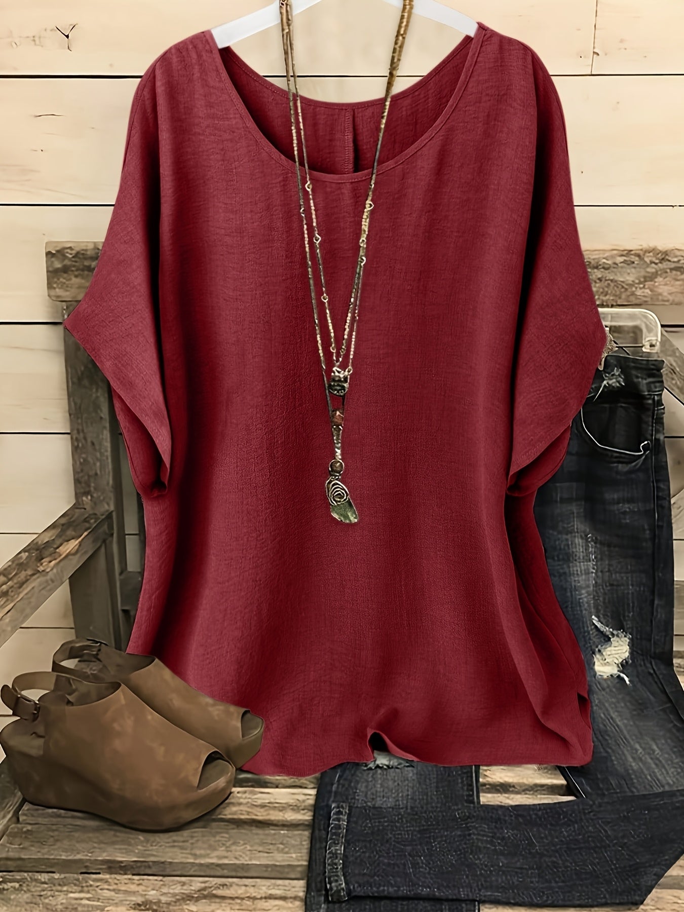 Casual Women'S Summer Top | Crew Neck, Short Sleeves, Loose Fit, Solid Color, Machine Washable, Ideal for Beach And Vacation Outings