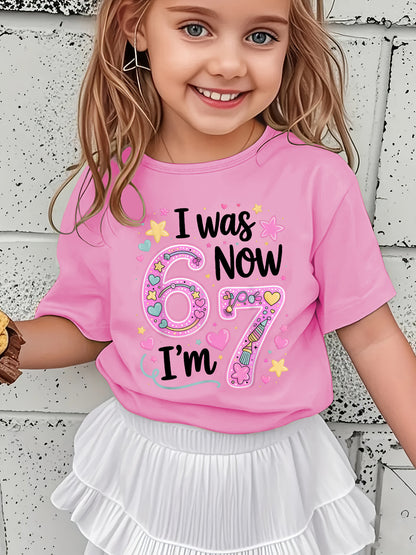 Girls' Summer Short Sleeve T-Shirt with "I WAS NOW" Lettering & Star/Heart Applique - Short Sleeve Round Neck Casual Blouse for, Casual Attire, Playdates & - Non- Summer Top NY-DX7704