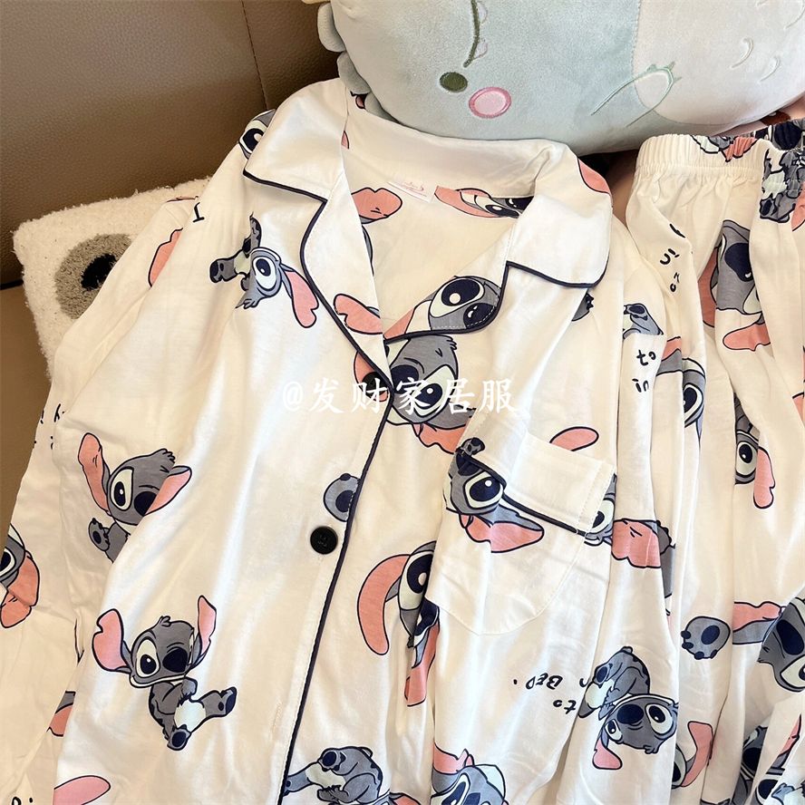 ins style cute Stitch pajamas spring and autumn new long-sleeved trousers loose cardigan homewear set