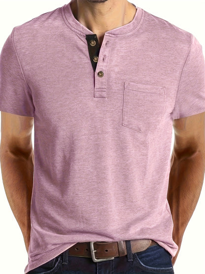 Men's Summer Casual Short Sleeve T-Shirt - Breathable Blend Round Neck Henley-Style Button Front, Semi-Sheer Fabric, Machine Washable Regular Fit for Outdoor & Casual Attire, Relaxed Style, Buttonfront Design, Easy Care, Buttonup Shirt, Warm Weather
