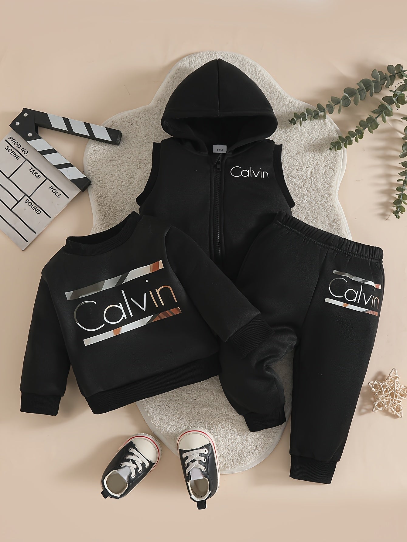 3pcs Set - Long-Sleeve Pullover Top for Babies in Autumn And Winter + Elastic Waist Long Pants + Vest - Street Style with "Calvin" Letter Print, Suitable for Outdoor Wear And Casual Outfits in The Fall And Winter