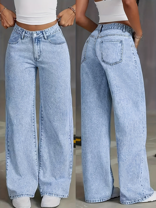 Women's 2026 New Stretch/Denim/Loose Wide Leg Straight Jeans/Acid Wash Light Blue/Tummy Control Casual Pants with Pockets/High Waisted Comfort Solid Color Pantalones/Elegant Ladies' Clothing/Fit for Travel, Work and Office Wear