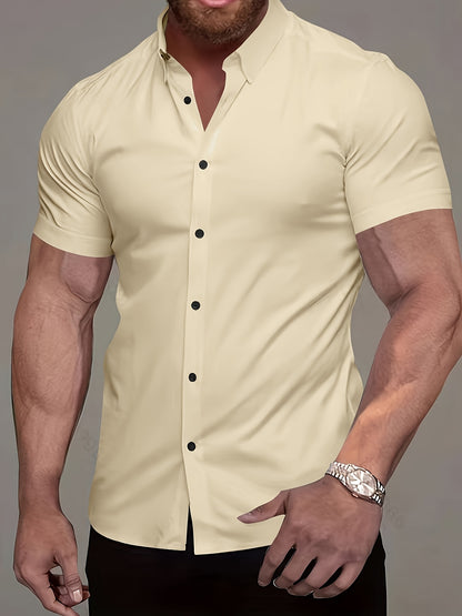 Muscle Man Fitness Short Sleeve Lapel Shirt | Non-Stretch, Solid Color, Button Detail, Summer Business Casual Non-Iron Shirt