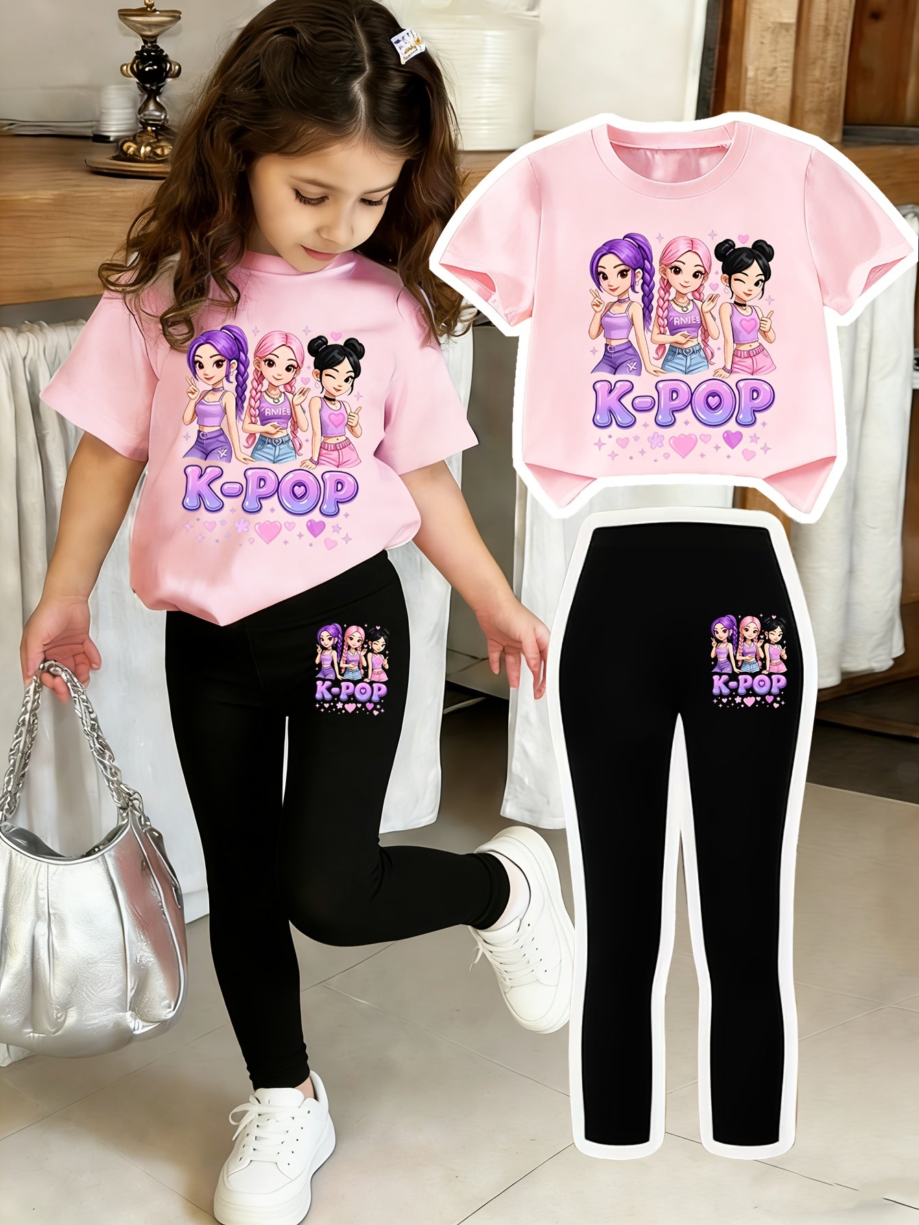 Girls' Sweet Cool K-POP Girl Group Set: Short Sleeve T-Shirt + Black Tight Pants. Skin-friendly Children's Clothing Featuring Vibrant K-POP Girl Group Cartoon Prints and "K-POP" Slogans. Sweet and Cool Korean Style with Matching Elements on Top and