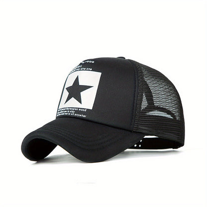 Men'S Black Mesh Baseball Cap with Star Logo - Breathable Six-Panel Design, Adjustable Fit, Casual Sporty Style for Outdoor Activities, Baseball Cap, Summer Headwear, Stylish Headgear, Durable Headwear, Mesh Fabric Cap, Streetwear Lovers, Lightweight Head