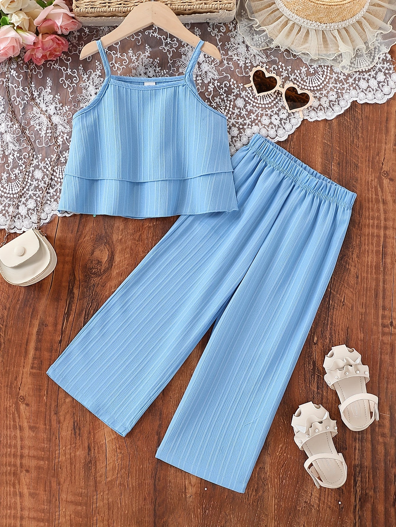 Two-Piece Outfit Featuring a Stylish Camisole and Pants, Perfect for Young Girls, Ideal for Summer Vacation Wear, for Outdoor