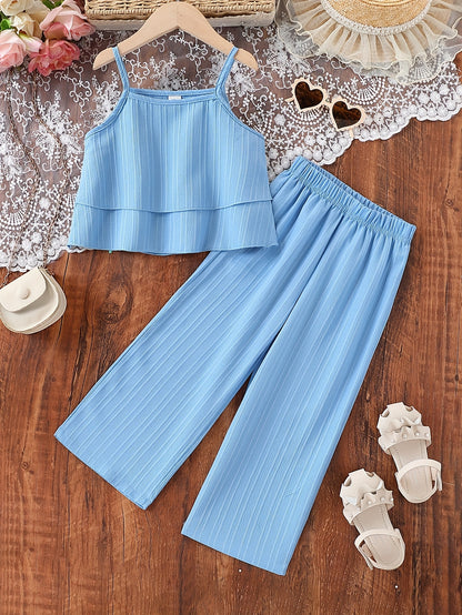 Two-Piece Outfit Featuring a Stylish Camisole and Pants, Perfect for Young Girls, Ideal for Summer Vacation Wear, for Outdoor