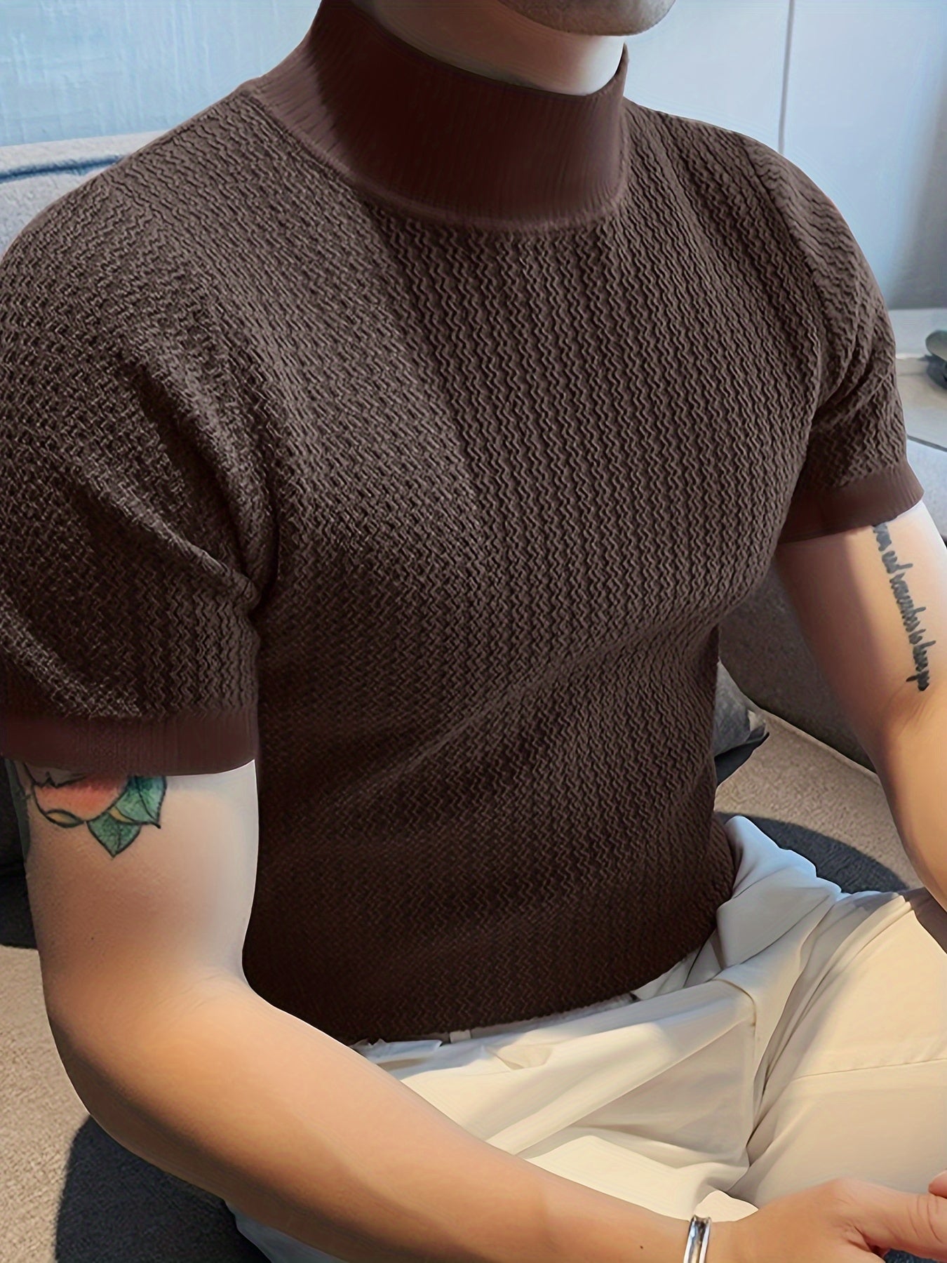 Men's Comfy Chic Turtleneck Solid T-shirt, Men's Summer Slim Fit Outdoor Clothes, Men's Clothing, Tops for Men, Gift for Men