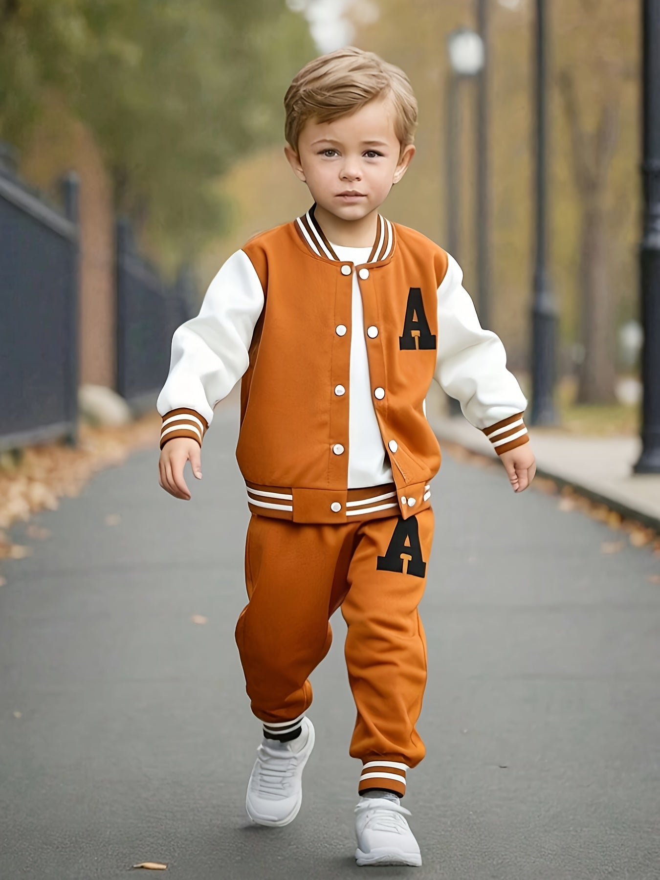 European And American Boys' Autumn And Winter Baseball Jacket with Letter A Print + Letter A Print Long Pants Two-Piece Set, for Outdoor
